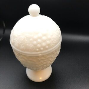 Avon White Milk Glass w/ Lid Pedestal Compote Candy Nut Dish Floral Vintage